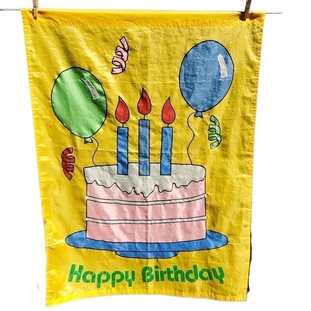 Vtg Happy Birthday Large Cake Balloons outdoor flag party decoration decor Sign